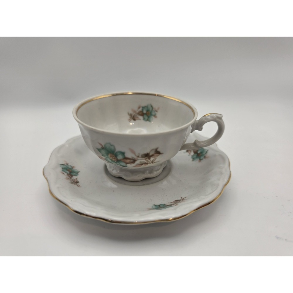 Bareuther Tea Cup & Saucer Set Bavaria Germany Blue & Gray Floral Gold Trim